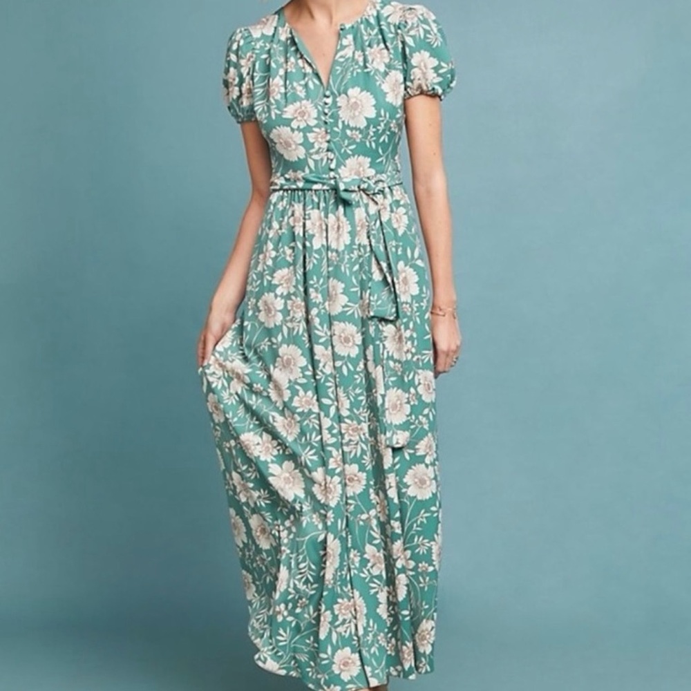 Anthropologist Gal Meets Glam Teal Floral Maxi Dress